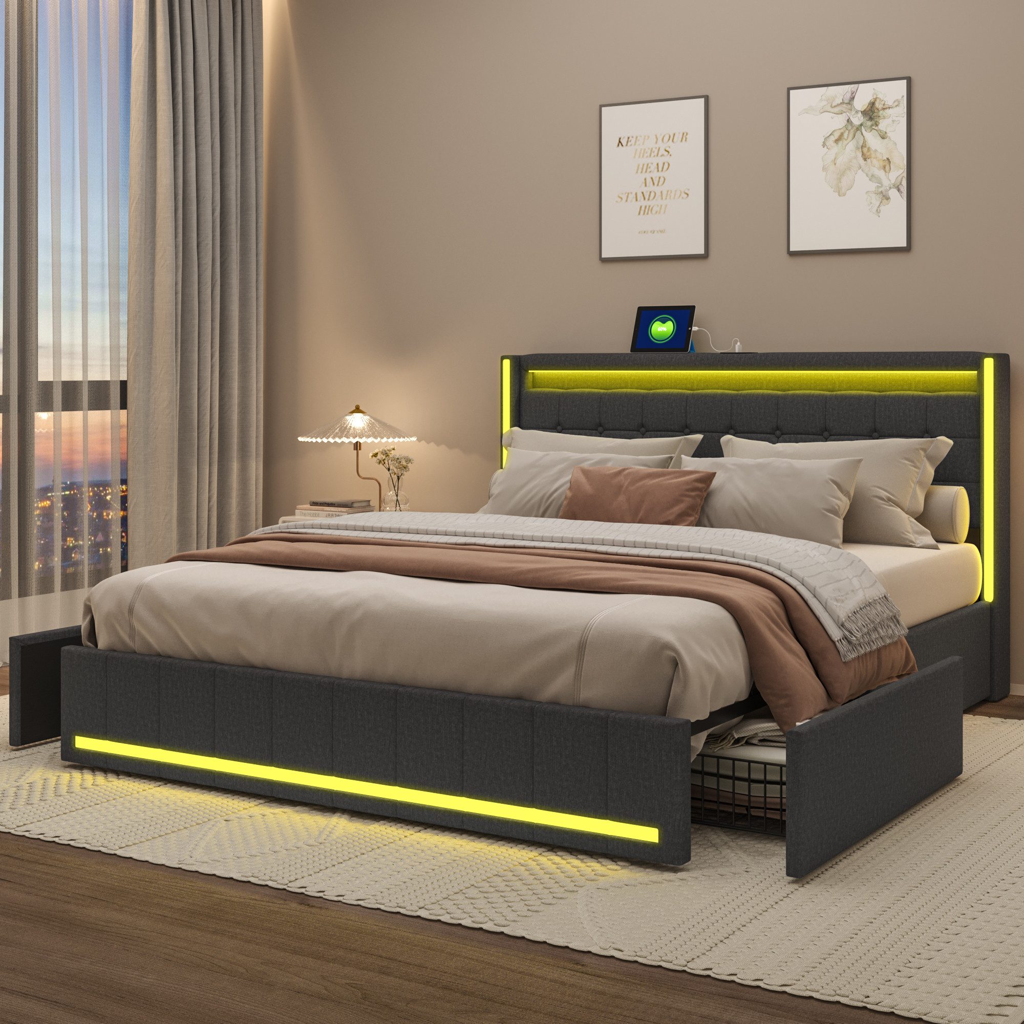 Polsterbett LED Doppelbett-grau 1